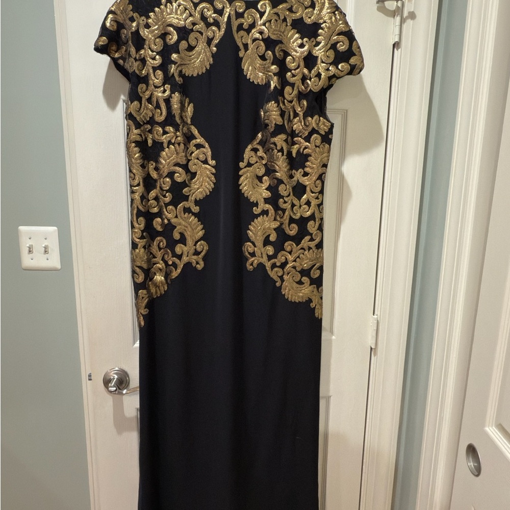 Tadashi Shoji Black Maxi Dress with Gold Embroidery
